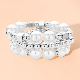 3PCS - Pearl Metal Ball Beaded Stretch Multi Layered Bracelets