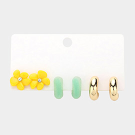 3Pairs - Flower Stud Hoop Earrings Set