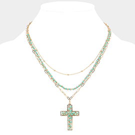 Faceted Beaded Metal Paperclip Chain Layered Cross Pendant Necklace