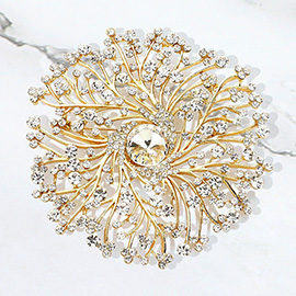 Round Stone Centered Rhinestone Embellished Branch Flower Pin Brooch