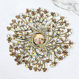 Round Stone Centered Rhinestone Embellished Branch Flower Pin Brooch