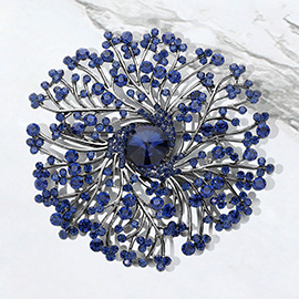 Round Stone Centered Rhinestone Embellished Branch Flower Pin Brooch
