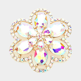 Oval Glass Stone Accented Rhinestone Paved Flower Pin Brooch