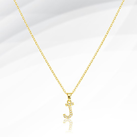-J- Stainless Steel CZ Stone Paved Initial Monogram Pendant Necklace