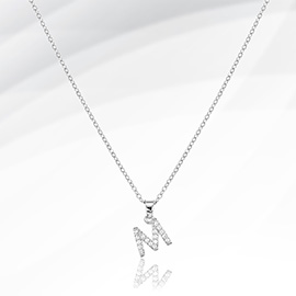 -M- Stainless Steel CZ Stone Paved Initial Monogram Pendant Necklace