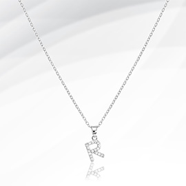 -R- Stainless Steel CZ Stone Paved Initial Monogram Pendant Necklace