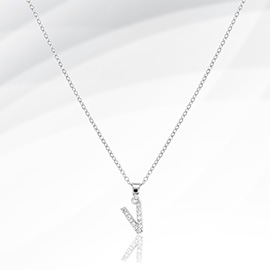 -V- Stainless Steel CZ Stone Paved Initial Monogram Pendant Necklace