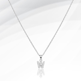 -W- Stainless Steel CZ Stone Paved Initial Monogram Pendant Necklace