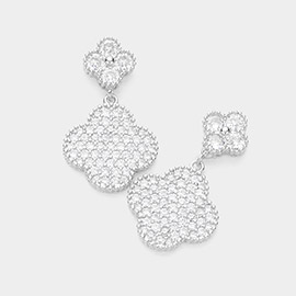 14K Gold Plated CZ Stone Paved Quatrefoil Link Dangle Earrings