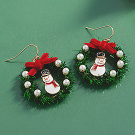 Enamel Snowman Christmas Wreath Dangle Earrings