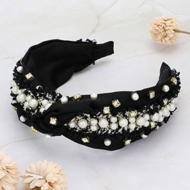 Pearl Stone Cluster Embellished Tweed Mix Knot Headband