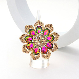 Oval Glass Stone Embellished Rhinestone Paved Flower Stretch Ring