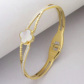 Mother Of Pearl Quatrefoil Pointed Stone Paved Stainless Steel Hinged Bangle Bracelet