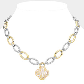 14K Gold Plated Two Tone CZ Stone Paved Embossed Quatrefoil Pendant Necklace