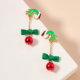 Enamel Green Monster Hand Bow Bell Dropdown Earrings
