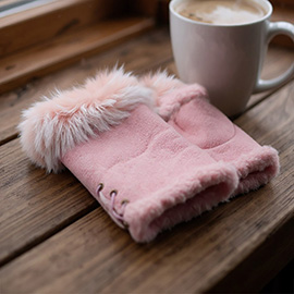 Two Toned Real Fur Trim Fingerless Gloves