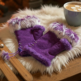 Two Toned Real Fur Trim Fingerless Gloves