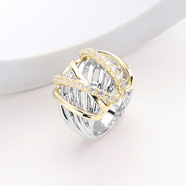 CZ Stone Paved Two Tone Intertwined Crisscross Ring