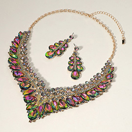 Teardrop Marquise Round Stone Embellished V Shaped Evening Necklace