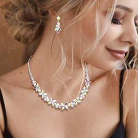 Marquise Round Stone Cluster Embellished Rhinestone Paved Necklace