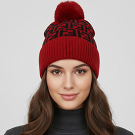 Greek Geometric Patterned Pom Pom Beanie Hat