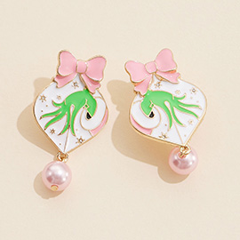 Pearl Dangle Enamel Christmas Green Monster Hand Earrings