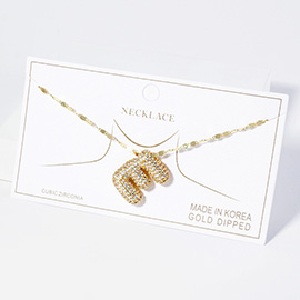-E- Gold Dipped CZ Stone Paved Initial Monogram Pendant Necklace