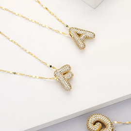 -F- Gold Dipped CZ Stone Paved Initial Monogram Pendant Necklace