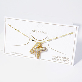 -K- Gold Dipped CZ Stone Paved Initial Monogram Pendant Necklace