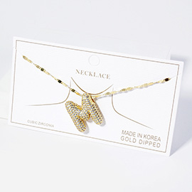 -M- Gold Dipped CZ Stone Paved Initial Monogram Pendant Necklace
