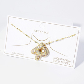 -R- Gold Dipped CZ Stone Paved Initial Monogram Pendant Necklace