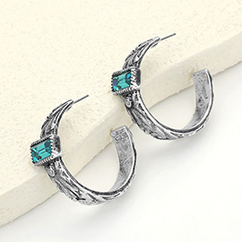 Rectangle Stone Pointed Antique Metal Western Hoop Earrings