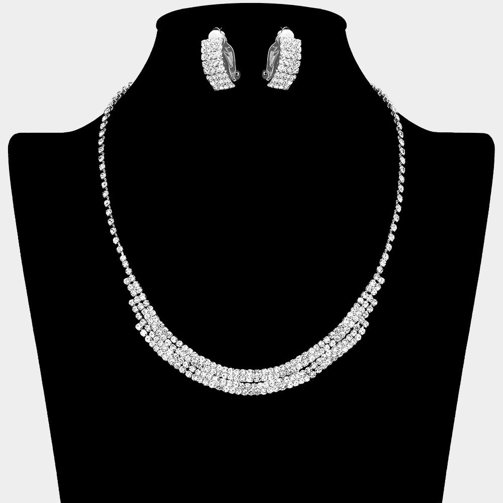 Rhinestone Paved Collar Necklace Clip on Earring Set