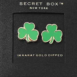 SECRET BOX_14K Gold Dipped Enamel Shamrock Clover Stud Earrings