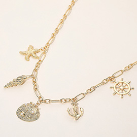 Pearl Embellished Metal Seashell Starfish Puka Shell Anchor Wheel Charm Station Necklace