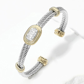 14K Gold Plated CZ Stone Paved Oval Two Tone Twisted Cuff Bracelet