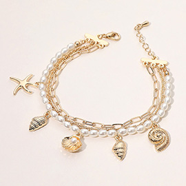 Starfish Seashell Puka Shell Charm Station Pearl Paperclip Chain Strand Bracelet