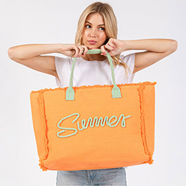 SUMMER Message Embroidered Fringe Canvas Tote Beach Bag