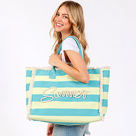 SUMMER Message Embroidered Fringe Striped Tote Beach Bag