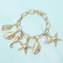Textured Metal Seashell Starfish Seahorse Pearl Charm Station Toggle Bracelet