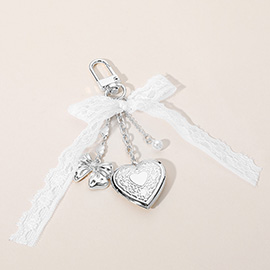 Metal Heart Locket Pearl Lace Bow Embellished Bag Charm / Keychain