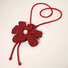 Pearl Centered Bling Studded Flower Pointed Bolo Tie Necklace