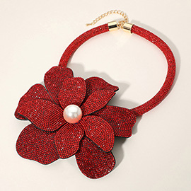 Pearl Centered Bling Studded Oversized Flower Pointed Necklace