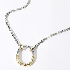 14K Gold Plated CZ Paved Two Tone Oval Pendant Necklace