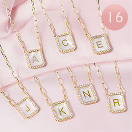 16PCS - Gold Dipped CZ Stone Paved Rim Mother of Pearl Plated Initial Monogram Pendant Necklaces