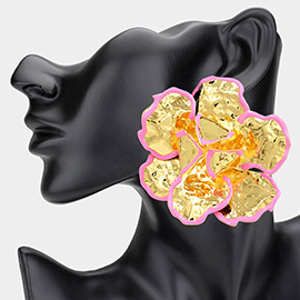 Oversized Enamel Painted Rim Hammered Metal Flower Earrings