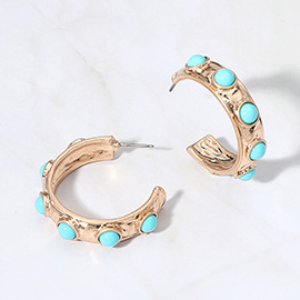 Bead Embellished Hammered Metal Hoop Earrings