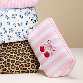 Striped Bow Cherry Printed Cosmetic Pouch Bag