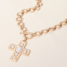 Pearl Cross Pendant Chunky Chain Necklace