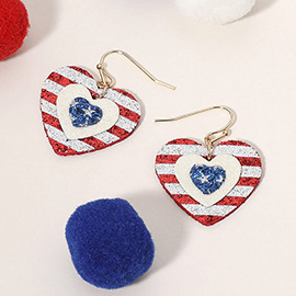 Glittered American USA Flag Heart Dangle Earrings